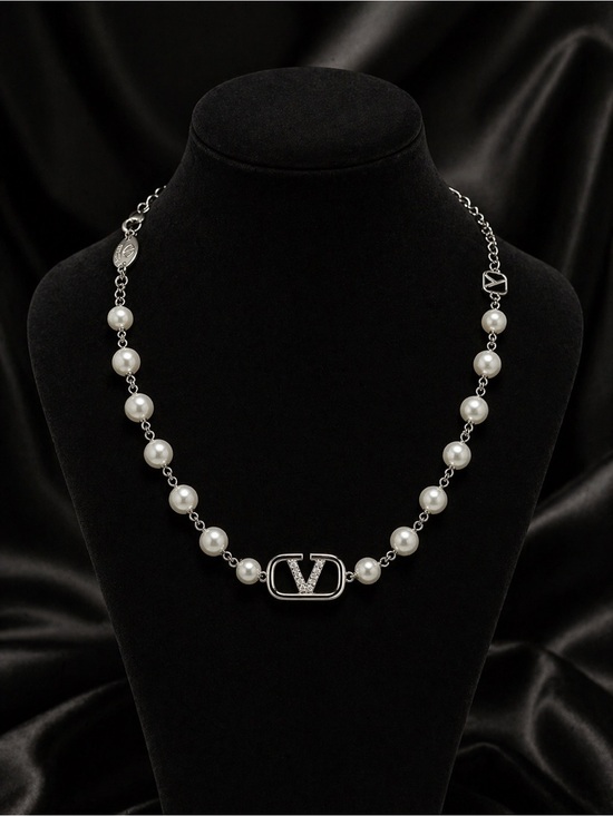 Fashion Jewelry Jewelry - Silver and White Pearl Valentino V-Emblem Necklace
